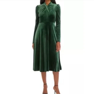 Emerald Green Sz 16 Velvet Midi Dress Mock Neck Winter Holiday Formal Gathered - Image 1 of 4