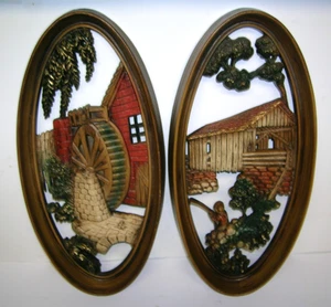 2 Vintage Burwood Oval Wall Plaques 1965 Covered Bridge & Wheel #4330 #4332 FARM - Picture 1 of 7