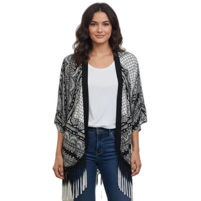 Rue 21 Womens Fringed Duster Cardigan S/M Chiffon Boho Festival Hippie Oversized - Image 1 of 4