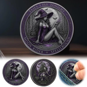 Moneta Commemorativa Notte Magica della Strega,Halloween Metallo Doppia Faccia Strega Coin - Foto 1 di 7