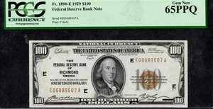 $100 1929 FRBN Fr. 1890-E  RICHMOND BROWN SEAL HUNDRED SCARCE PCGS GEM 65PPQ - Picture 1 of 2
