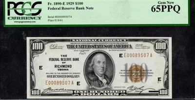 $100 1929 FRBN Fr. 1890-E  RICHMOND BROWN SEAL HUNDRED SCARCE PCGS GEM 65PPQ - Image 1 of 2