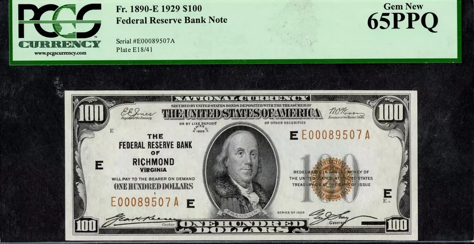 $100 1929 FRBN Fr. 1890-E  RICHMOND BROWN SEAL HUNDRED SCARCE PCGS GEM 65PPQ - Image 1 of 2
