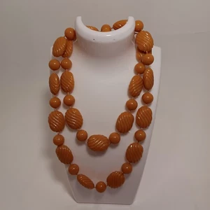 Vintage Avon 1980s 30" Color Shapes Amber Ribbed Lucite Beaded Necklace No Clasp - Picture 1 of 4