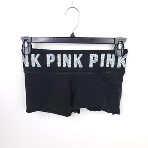 Victoria's Secret Pink Yoga Shorts Womens Small Sequin Logo Black Pull On Pocket - Picture 1 of 11