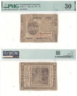 Moneda continental de siete dólares del 10 de mayo de 1775 Fr CC-7 PMG VF-30 Foto 1 de 3