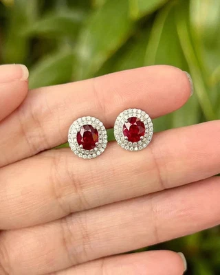 2.65 Ct Oval Natural Red Ruby Diamond Lovely Earring Stud 14K Real White Gold - Image 1 of 4