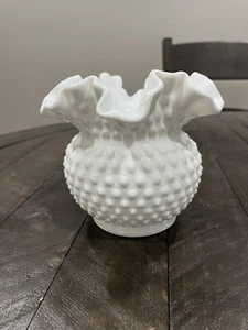 Fenton Hobnail Milk Glass Double Crimped Ruffled Vase, Vintage, 5 Inches - Picture 1 of 8