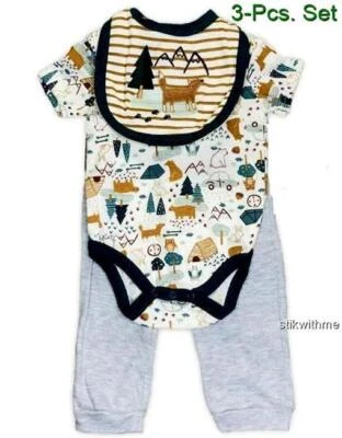 BABY Bear/CAMPING 3 Pcs. SET: Bodysuit, Long Pants, Bib [0-3 Mos.] FREE Shipping - Image 1 of 4