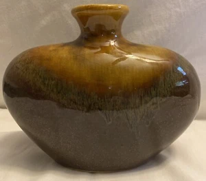 Vase Pottery Dark Brown Drip Glazed with Gray and Light Brown 7-1/2" by 6 1/4" - Picture 1 of 8