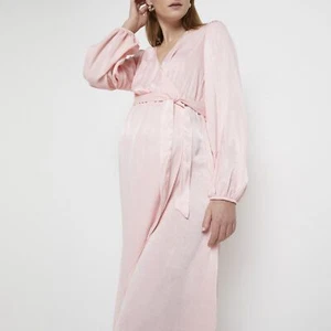 River Island Womens Wrap Midi Dress Pink Satin Maternity V Neck Long Sleeve - Picture 1 of 7