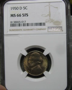 1950-D Jefferson Nickel ---- MS-66 5FS NGC Slabbed Graded Coin ---- #369B - Picture 1 of 6