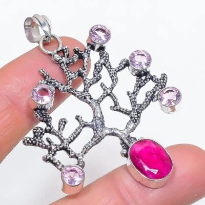 Ruby(Simulated), Kunzite Gemstone 925 Sterling Silver Jewelry Pendant 2.48" F051 - Image 1 of 2