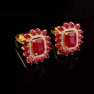 4Ct Radiant Lab Created Red Ruby Diamond Men's Cufflinks 14K Yellow Gold Plated - Picture 1 of 4