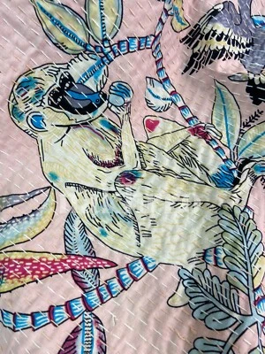 Candy Pink Monkey Kantha Quilt Twin Size Pure Cotton Throw Blanket Bedspread - Imagem 1 de 4