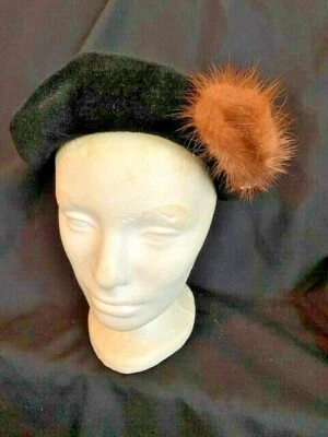 DE COLECCIÓN ITALIANO TERCIOPELO MATERIAL DAMAS SOMBRERO NEGRO CON ACENTO VISÓN, PEDRERÍA, ALFILER SOMBRERO Foto 1 de 4