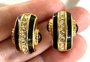 Swarovski Swan Signed Clip Earrings Black Enamel Clear Crystal Half Hoop - Picture 1 of 3