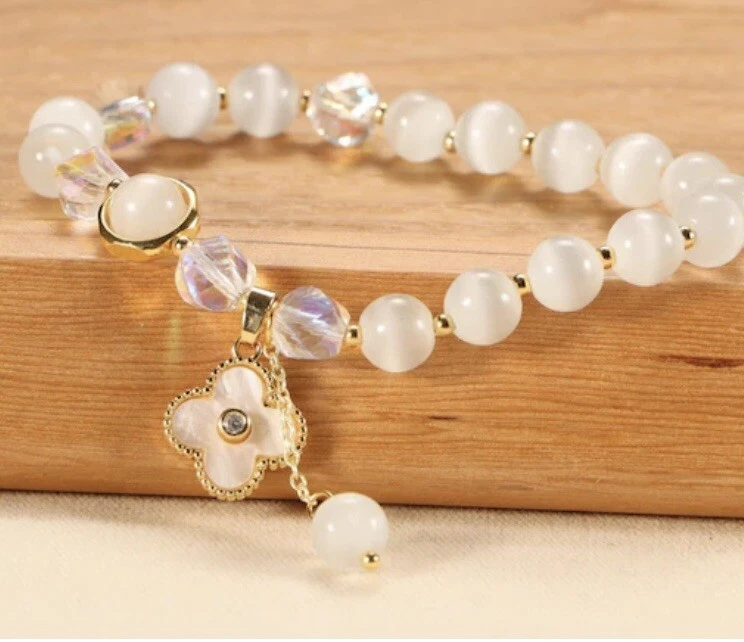 Pulsera de cristal de cuatro hojas de ópalo pulsera de la suerte cristal natural piedras preciosas blanco Foto 1 de 1