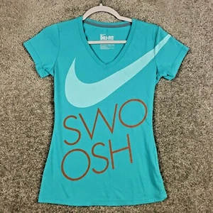 Nike Swoosh Spellout Slim Fit Dri-Fit Short Sleeve T-Shirt XS Women Teal Stretch - Picture 1 of 9