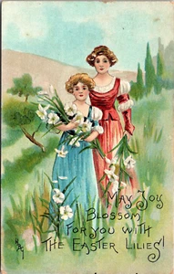 EASTER LILLIES - WOMEN GATHER FLOWERS - SIGNED H.B.G.  EMBOSSED HOLIDAY POSTCARD - Picture 1 of 2