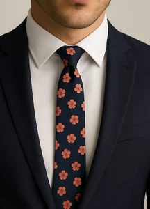 Schmale Herrenkrawatte dunkelblau & Blumen pfirsichfarben Blütenblatt rosa SCHLANK 5 CM Seide Geschenk - Bild 1 von 3