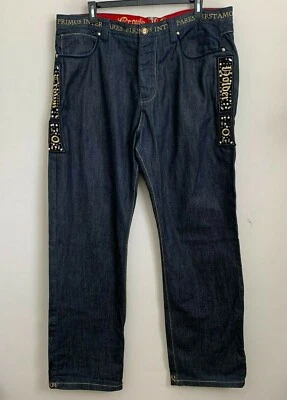 Crown Holder Mens Jeans Designer Blue Gold Rhinestone Stud Embroidered Sz 42x36 - Image 1 of 4