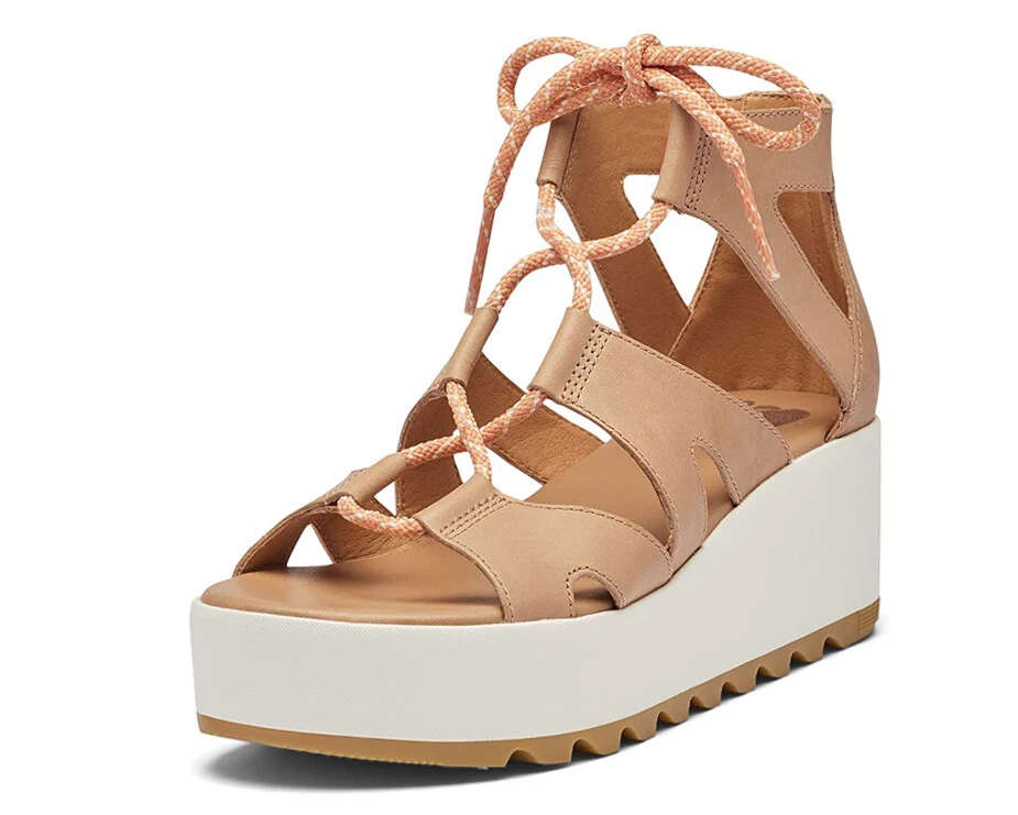 SOREL Cameron Flatform Lace Women Sandals Brown Velvet Tan Chalk Size 8.5 T1