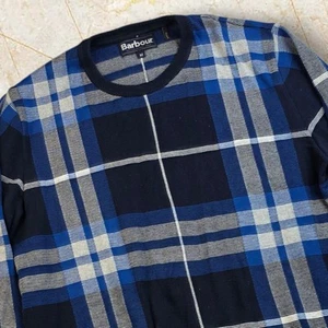 Barbour Men’s Blue Tartan Sweater Size Medium Newark Crew Made Italy MKN1170 - Picture 1 of 11