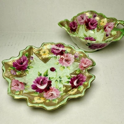 VTG Nippon HandPainted Porcelain Dish And Bowl Pink Roses Green And Gold Moriage - Image 1 of 4