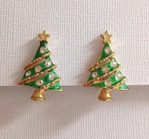 Weihnachtsbaum Ohrclips goldfarben grün Emaille Strass 1" Vintage  - Bild 1 von 8