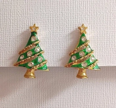 Pendientes de clip para árbol de Navidad tono dorado esmalte verde pedrería 1" vintage  Foto 1 de 4