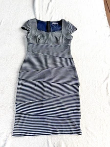 Jacqui E Bodycon Dress Size Small (AU10) Black White Stripe Tiered Flattering - Picture 1 of 15