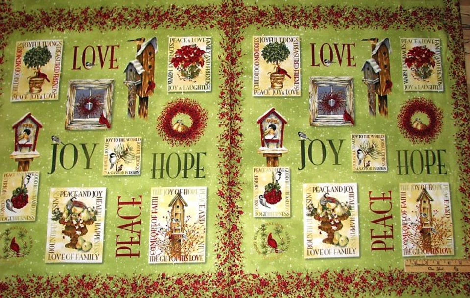 Birds and Berries Cardinal Birdhouse Winter Christmas Fabric Panel 23"   #Y0475 - Image 1 of 1