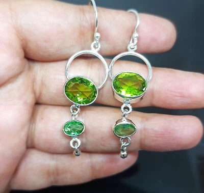 Green Peridot Gemstone Earring 925 Sterling Silver Handmade Jewelry- 2" - Image 1 of 3