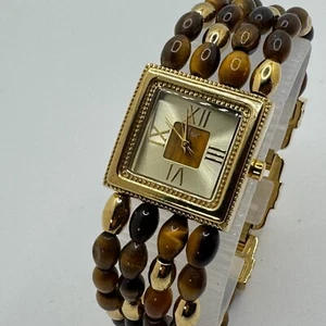 VTG Aria Quartz Watch Women Gold Tone Square Brown Stone Beads New Battery 6.75" - Picture 1 of 6