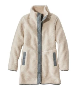 LL Bean Womens MEDIUM Faux Sherpa Fleece Jacket Coat Soapstone Snaps Pockets NWT - Picture 1 of 20