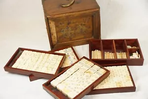 Antique Mahjong Set 1920s 144 Tile Bamboo Dovetail w/ Wood Box Cow Bone Sticks - Picture 1 of 9