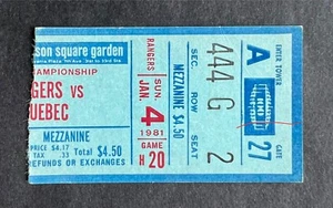 Vintage 1981 NHL Quebec Nordiques vs New York Rangers Ticket Stub 1/4/81 MSG - Picture 1 of 1