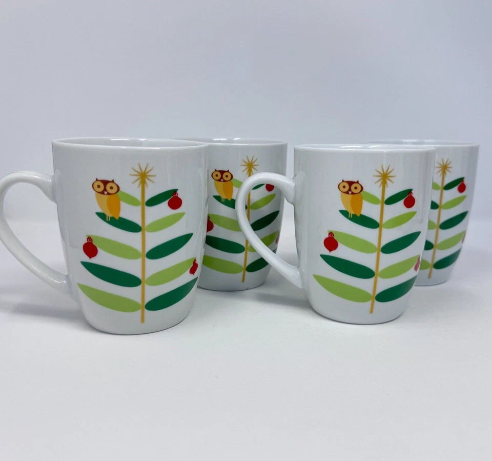 Rachael Ray Holiday Hoot Set of 4 Owl & Tree Print Coffee Mugs Ceramic Kitchen - Image 1 of 4