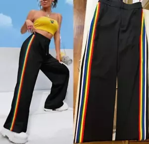 ZARA MUJER L Negro Fluido Lateral Rayas Arco Iris Pantalones Poliéster Elástico Cintura Trasera - Imagen 1 de 3