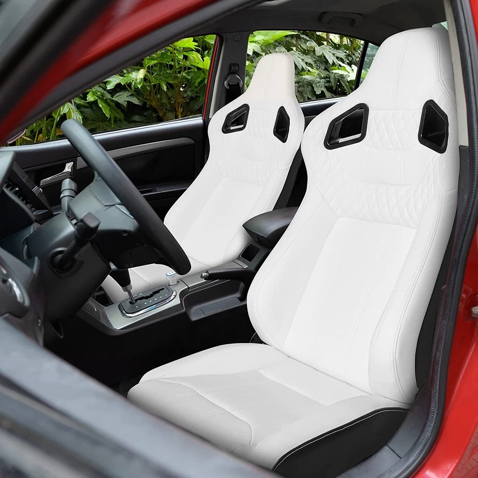 Universal Set of 2 Racing Seats Pair White Leather Reclinable Bucket Sport Seats - Image 1 of 4
