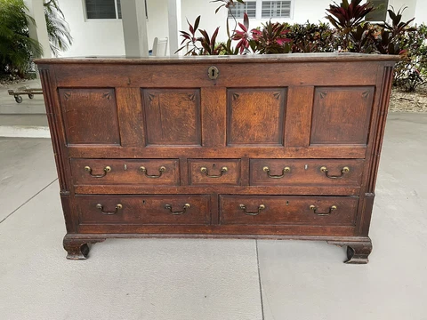Antique 18th Century Inlaid/Reeded Oak Panelled Mule/Blanket Chest W/5  Drawers Cover