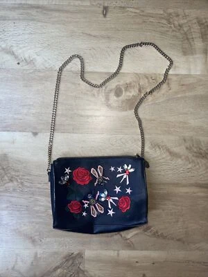 Zara Floral Embroidered Black Crossbody Shoulder Bag Gold Chain Strap - Image 1 of 4