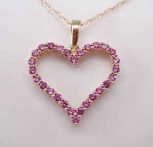 Yellow Gold Pink Sapphire Heart Necklace Charm Pendant and Chain - Picture 1 of 5