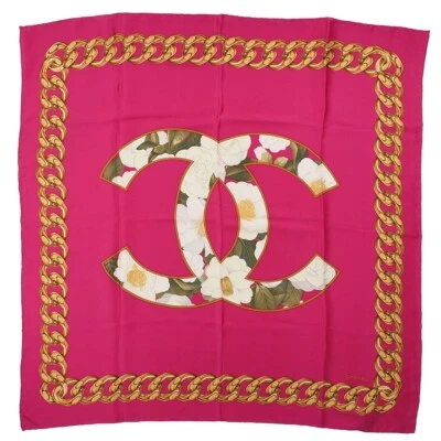 Auténtica Bufanda CHANEL Camelia Coco Cadena Rosa 100% Seda Usada Reutilización Usada Foto 1 de 4
