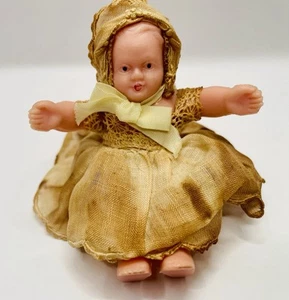 Antique Miniature Rubber Sift Plastic Baby Doll & Original Outfit  - Picture 1 of 7