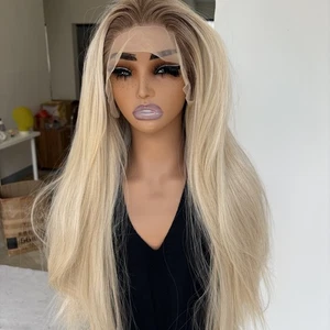 Highlight blonde Kunsthaar hitzebeständige Lace Front Perücke lang glatt - Bild 1 von 10