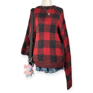 Skims Women’s Red Black Plaid Fuzzy Pullover Sweater Size S/M Oversized Cozy NWT - Picture 1 of 7