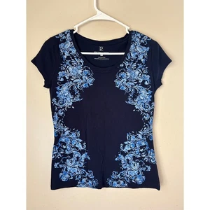 NY & Company Damen blau Blumendruck Kurzarm T-Shirt Oberteil - Bild 1 von 6