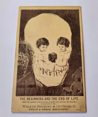 Antigua tarjeta comercial William Deering Machinery Skull Ghoul comienzo fin de vida útil Foto 1 de 4